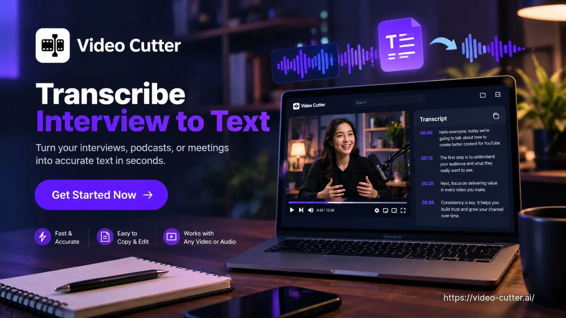 Interview transcription tool with an audio recording and text transcript