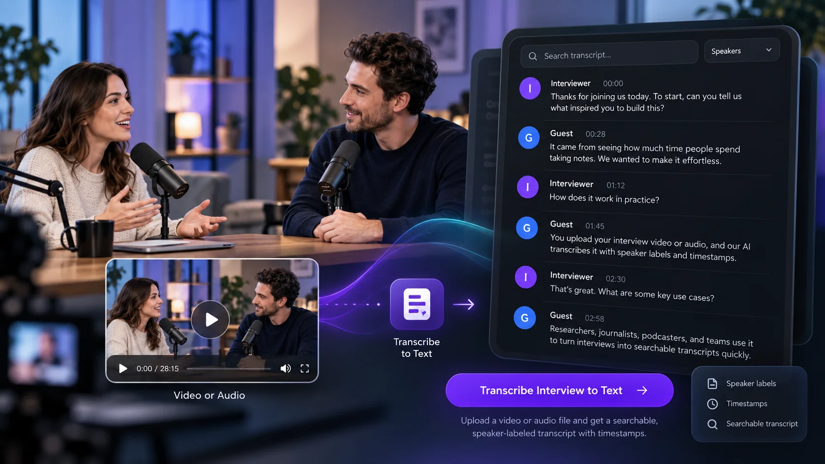 Interview recording connected to its timestamped transcript